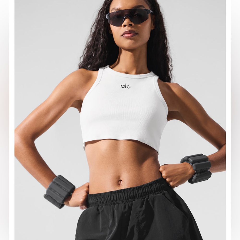 ALO Yoga White Ribbed Crop Tank Top